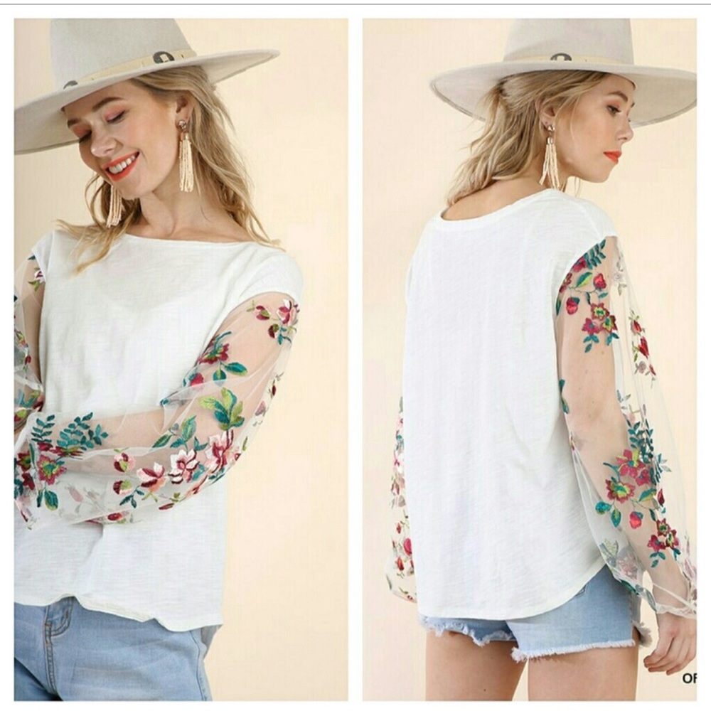 FINAL $ 💗2XHP BOHO BEAUTY W FLORAL EMBROIDERY SHEER SLEEVES